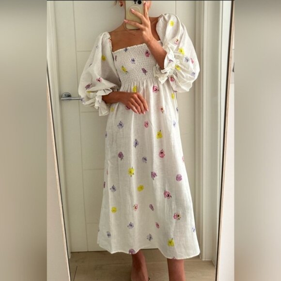 Sleeper White Floral Linen Atlanta Pansies Midi Dress S - Picture 1 of 9